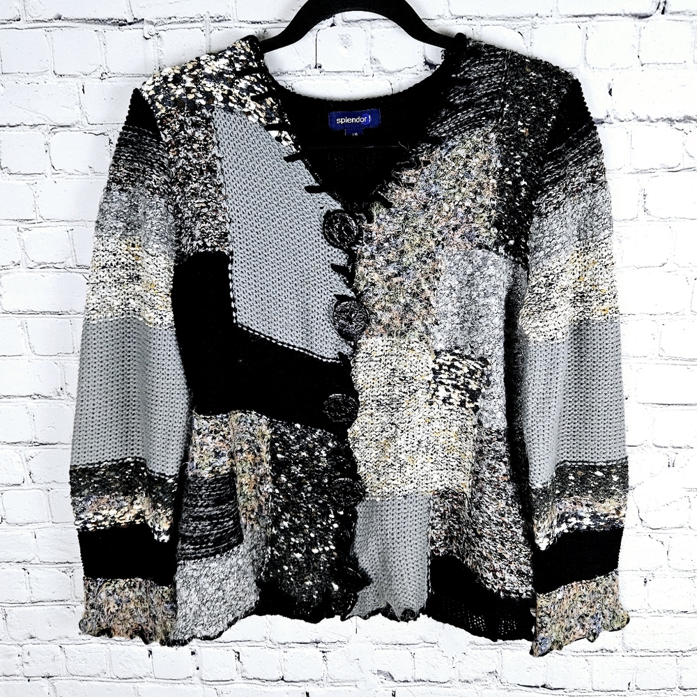 SPLENDOR | patchwork aplaca mohair blend button up cardigan knit sweater
